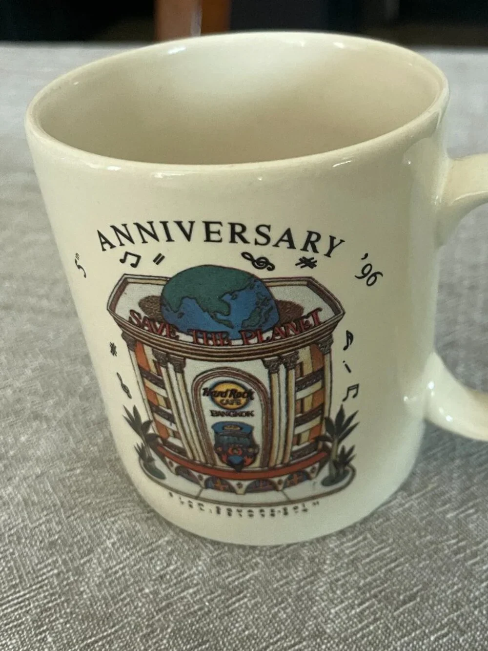 Hard Rock Cafe Bangkok White Ceramic 5th Anniversary Mug '96 Save the Planet!
